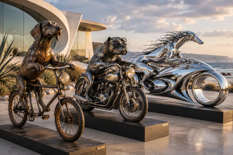 Three metal dog sculptures ride bicycles and motorcycles through the ages, culminating in a spectacular futuristic chrome machine.