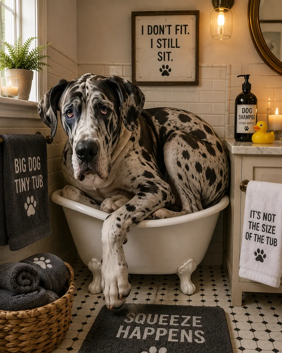 Great Dane squeezes into a comically tiny clawfoot tub in a cozy bathroom, proving that when it comes to relaxing, size doesn’t matter.