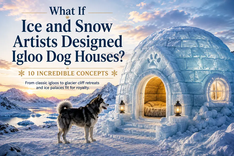 A Husky stands beside a glowing ice igloo in a snowy mountain landscape beneath the headline “What If Ice and Snow Artists Designed Igloo Dog Houses?”