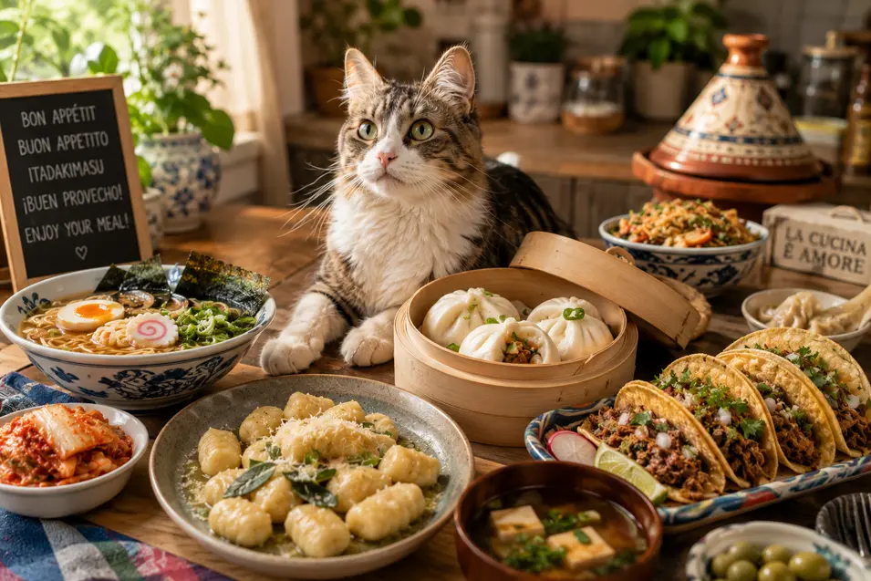 Tabby cat surrounded by an international feast of ramen, bao buns, gnocchi, tacos, kimchi, dumplings, and more.