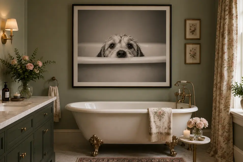Charming sage-green bathroom with a vintage clawfoot tub, floral accents, brass fixtures, and whimsical oversized art of a dog peeking over a bathtub.