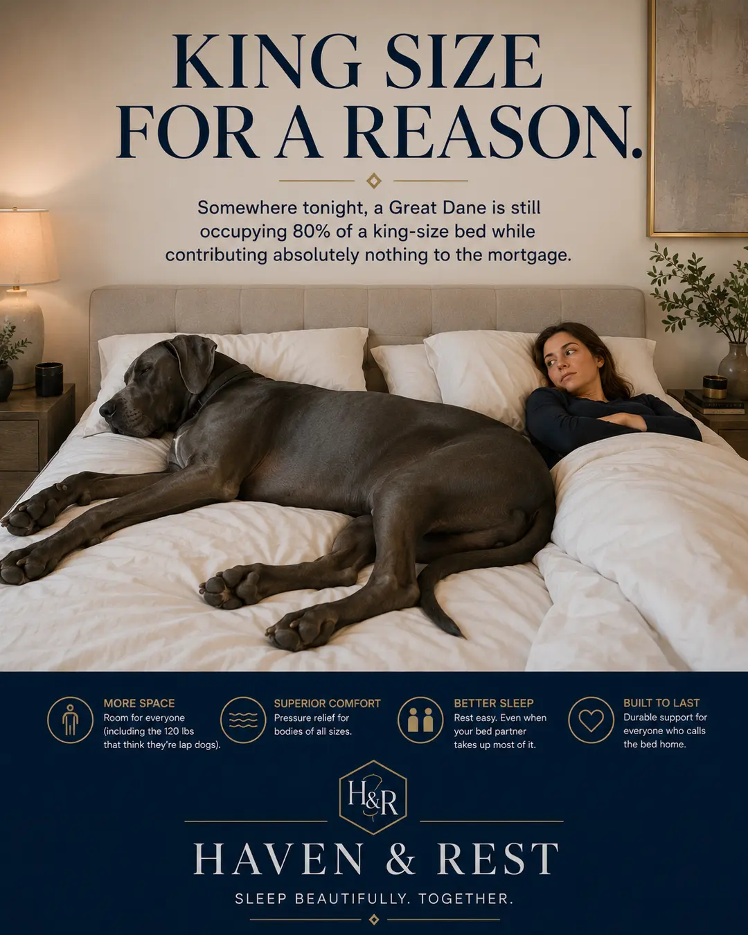 A Great Dane takes over most of a king-size bed while its owner looks on, illustrating why pet households need more sleeping space.