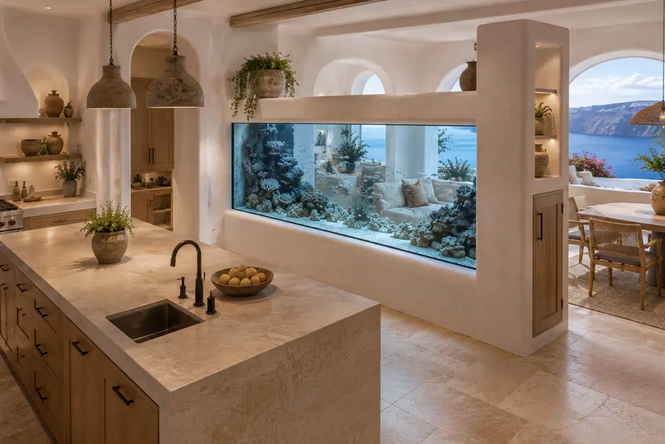 Elegant Santorini-style kitchen with warm wood accents, sea views, and a dramatic built-in reef aquarium dividing the open living space.