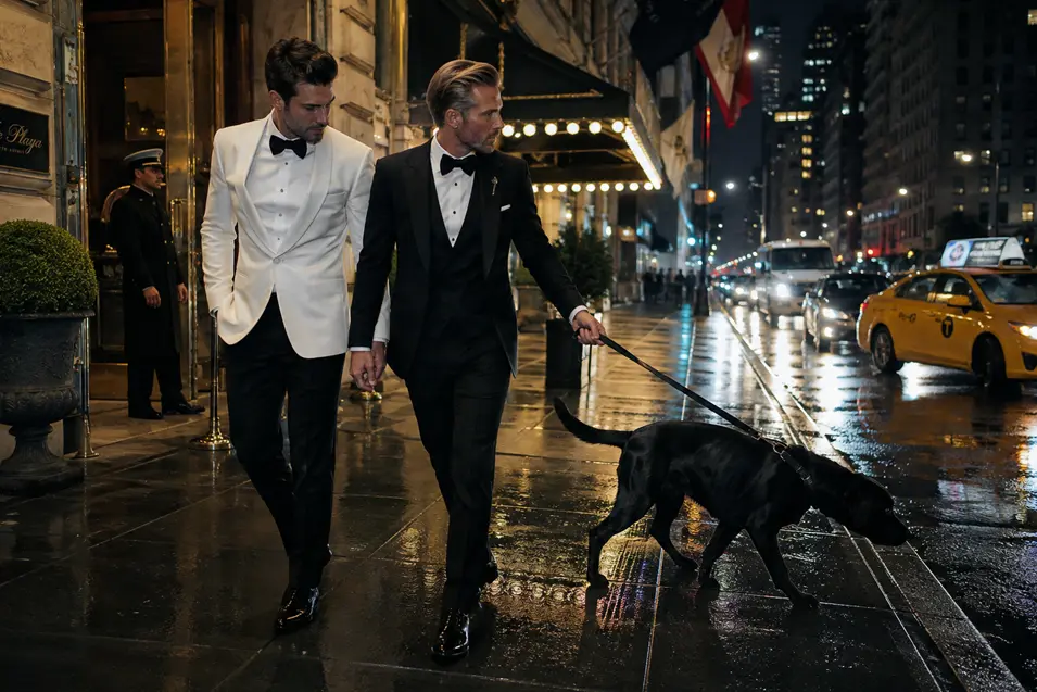 Two sharply dressed men walk a black dog past a luxury hotel on a rain-slicked city street at night.