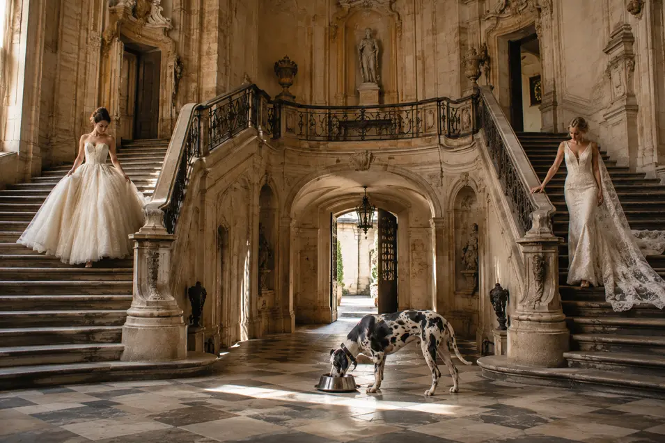 Two brides descend opposite staircases in a grand historic mansion while their spotted dog pauses below for a drink.