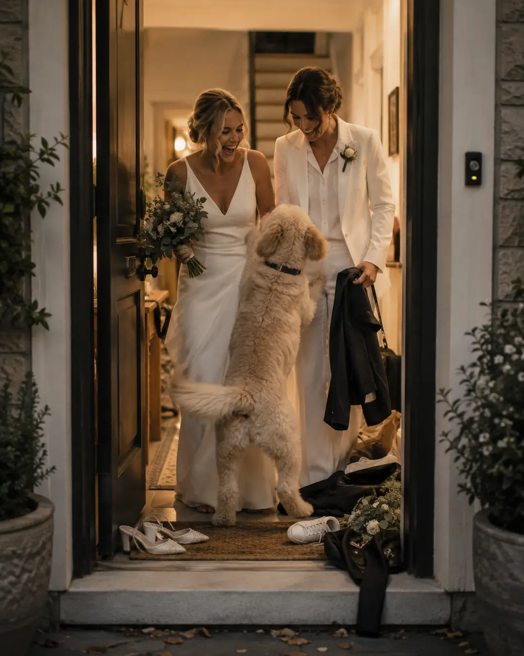 Two brides arrive home after their wedding to an enthusiastic welcome from their excited, affectionate dog.