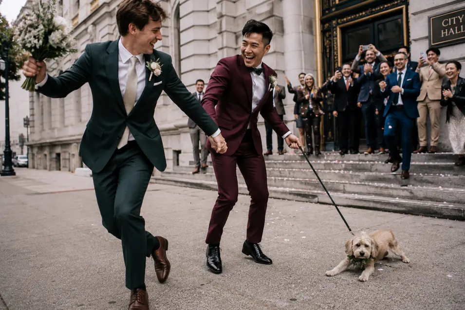 Two newlywed grooms celebrate outside City Hall with cheering guests as their little dog playfully resists joining the festivities.