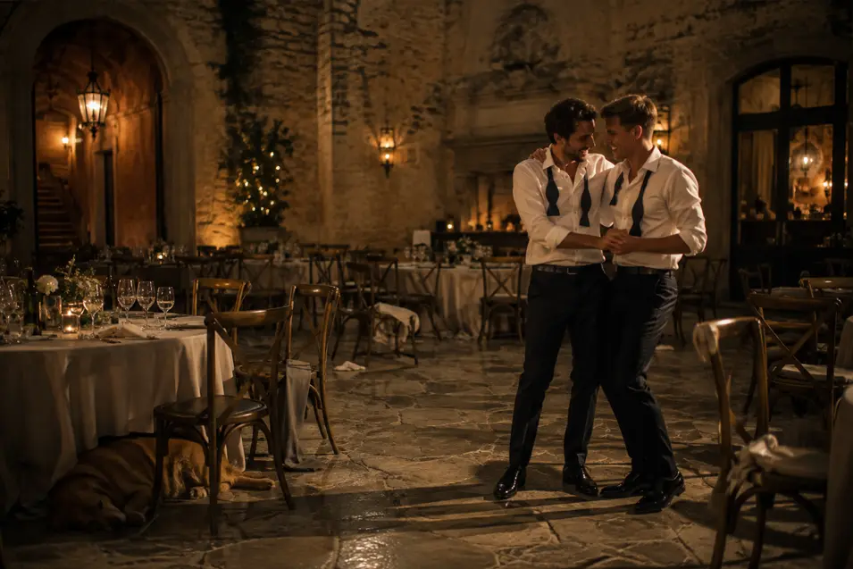 Two grooms share a quiet dance after their wedding reception while their tired dog sleeps beneath a nearby table.