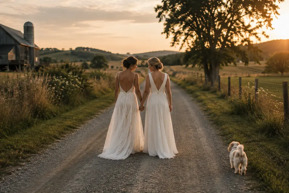 Two brides walk hand in hand down a country road at sunset while their little dog happily wanders alongside them.