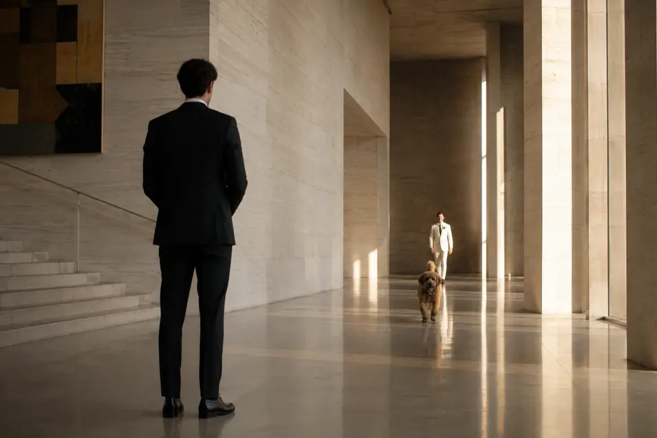 Two grooms approach each other in a striking modern venue as their playful dog runs ahead for the joyful first look.