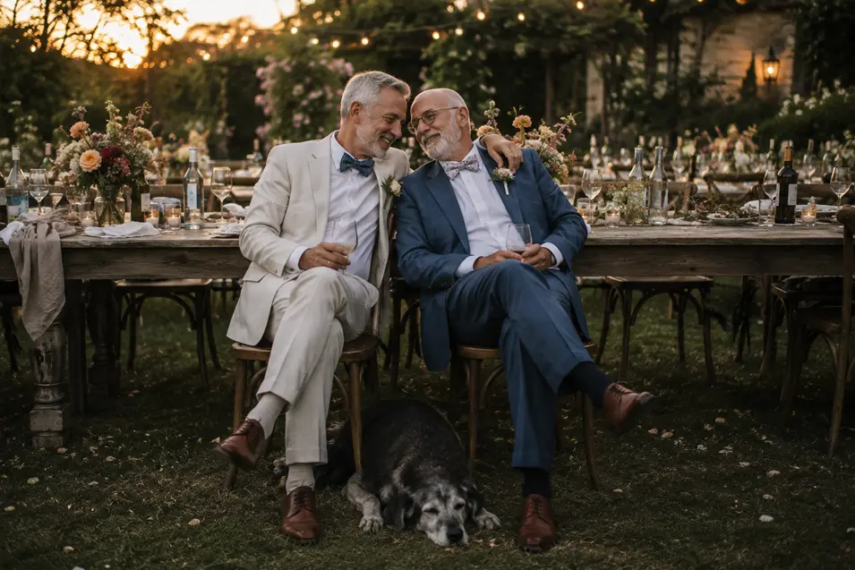 Two older grooms share a tender moment at their garden wedding reception while their sleepy dog rests peacefully at their feet.