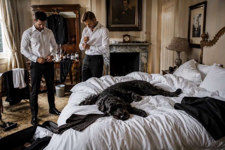 Two grooms prepare for their wedding in an elegant bedroom while their relaxed black dog lounges across the unmade bed.