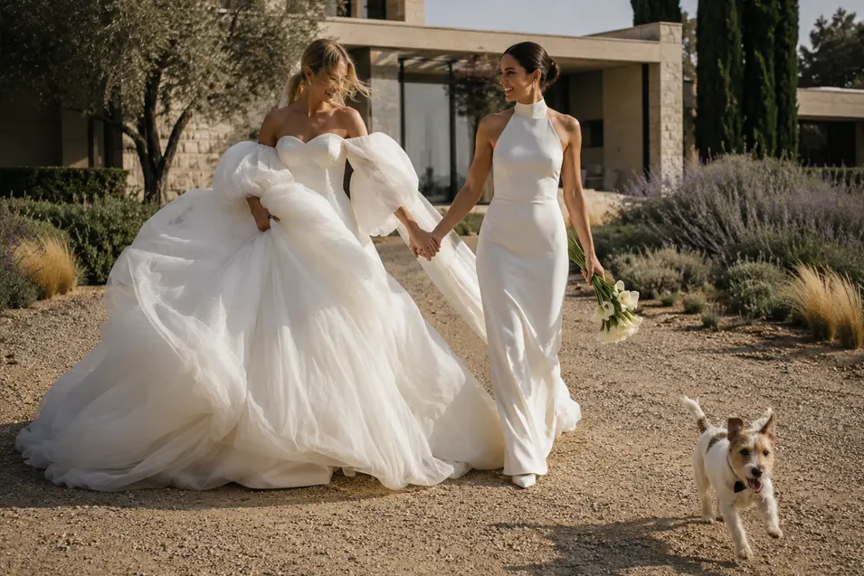 Two brides walk hand in hand through a sunlit Mediterranean garden as a playful little dog trots happily ahead.