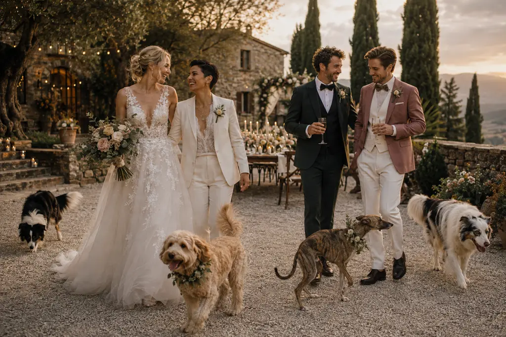 Two LGBTQ+ couples celebrate together at a romantic countryside wedding as their dogs happily mingle around them.