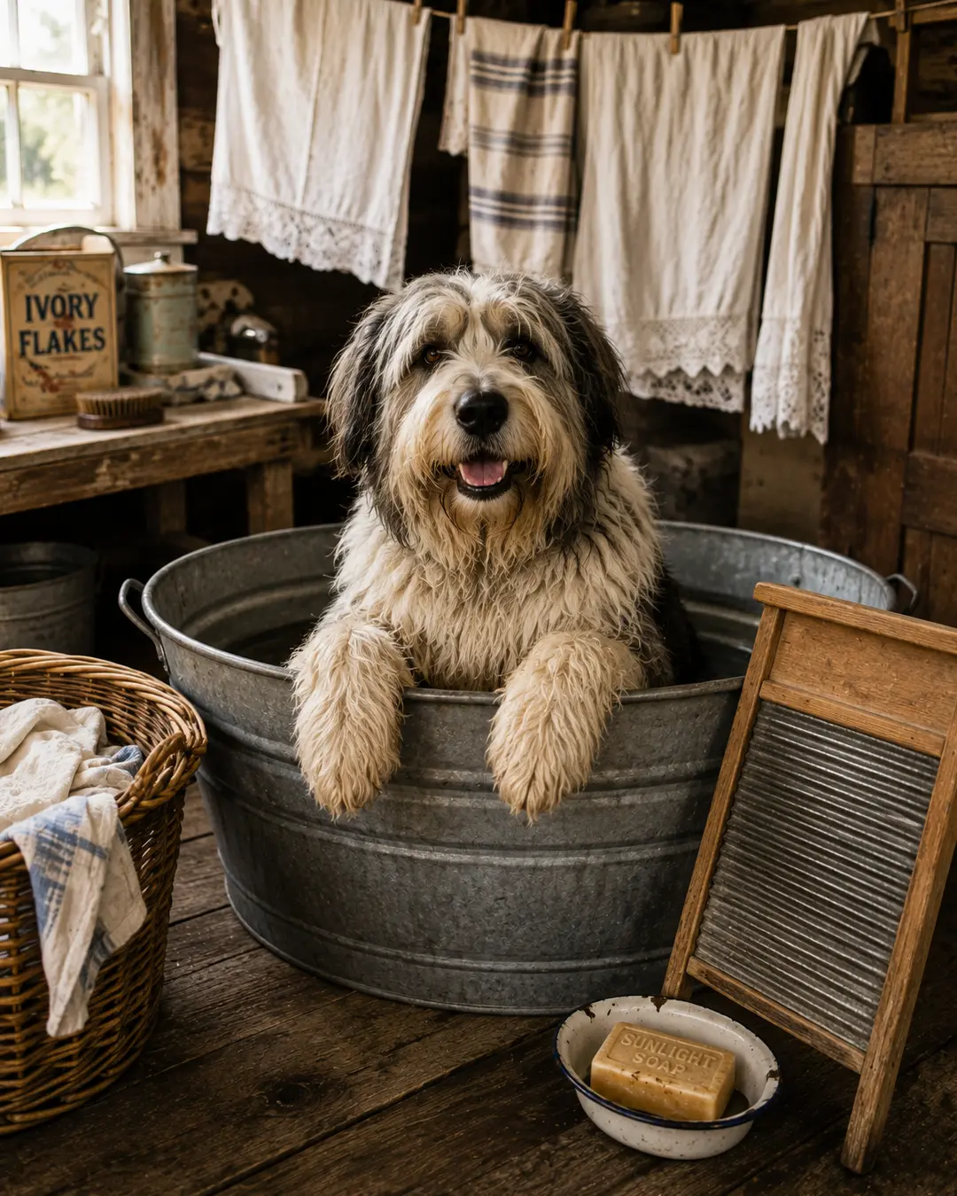 A shaggy dog enjoys a bath in a galvanized washtub inside a rustic vintage laundry room filled with linens and old-fashioned washday essentials.