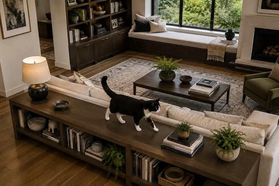 Elegant modern living room with dark wood shelving, a cozy window seat, neutral furnishings, and a black-and-white cat exploring behind the sofa.