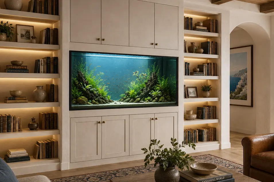 Sophisticated Santorini-style library with warmly lit bookshelves and a lush built-in planted aquarium seamlessly integrated into custom cabinetry.