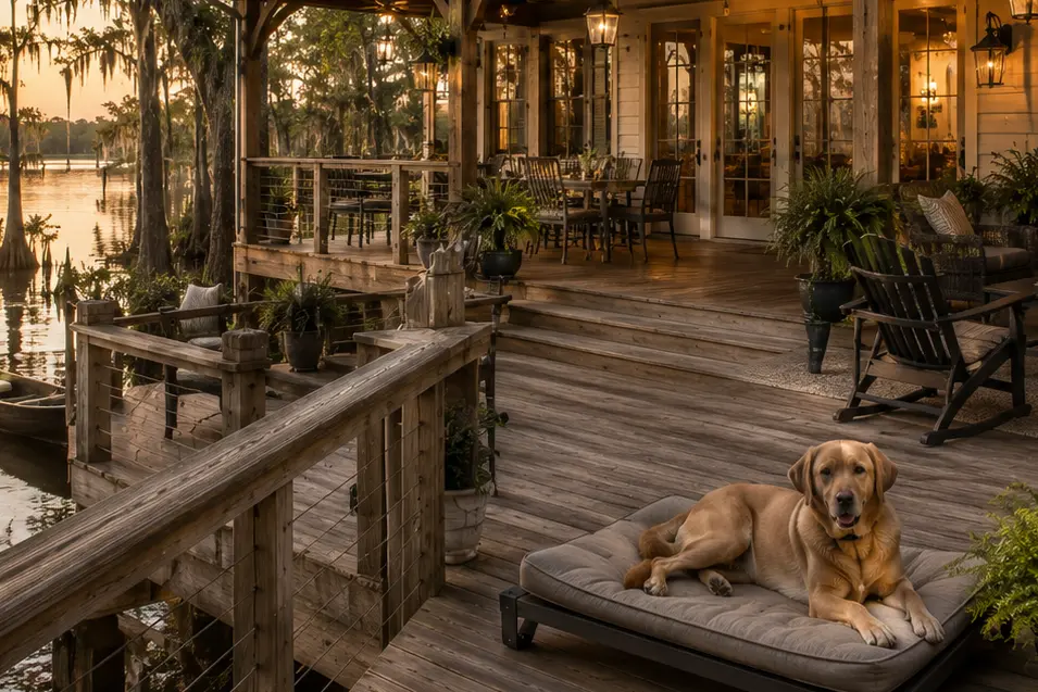 Elevated Louisiana bayou home with a shaded deck, cypress trees, tranquil water views, and a dog relaxing safely behind the railing.