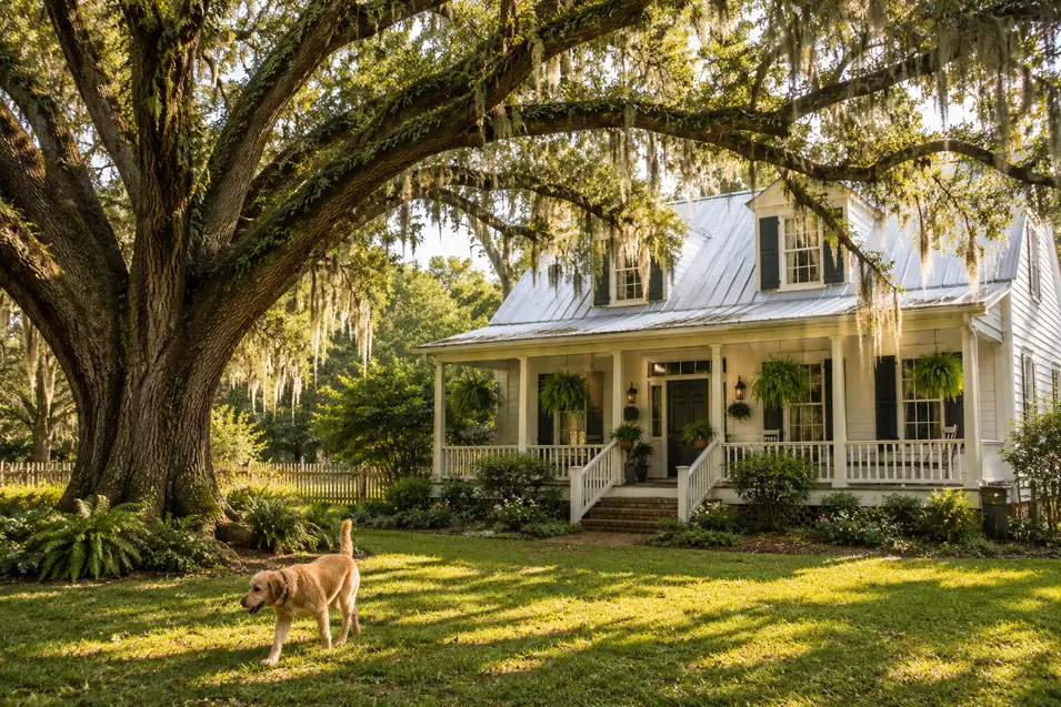 White Lowcountry cottage beneath a sprawling moss-covered live oak, with a dog wandering across the sunlit lawn in a peaceful Southern setting.