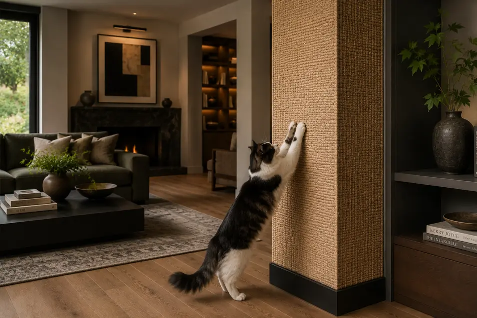 Cozy modern living room with a black-and-white cat stretching on a floor-to-ceiling scratching post beside warm wood floors and a fireplace.