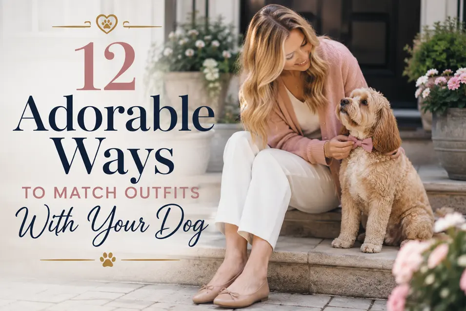 A woman in soft pink coordinates outfits with her curly-coated dog for a charming feature on 12 adorable ways to match with your dog.