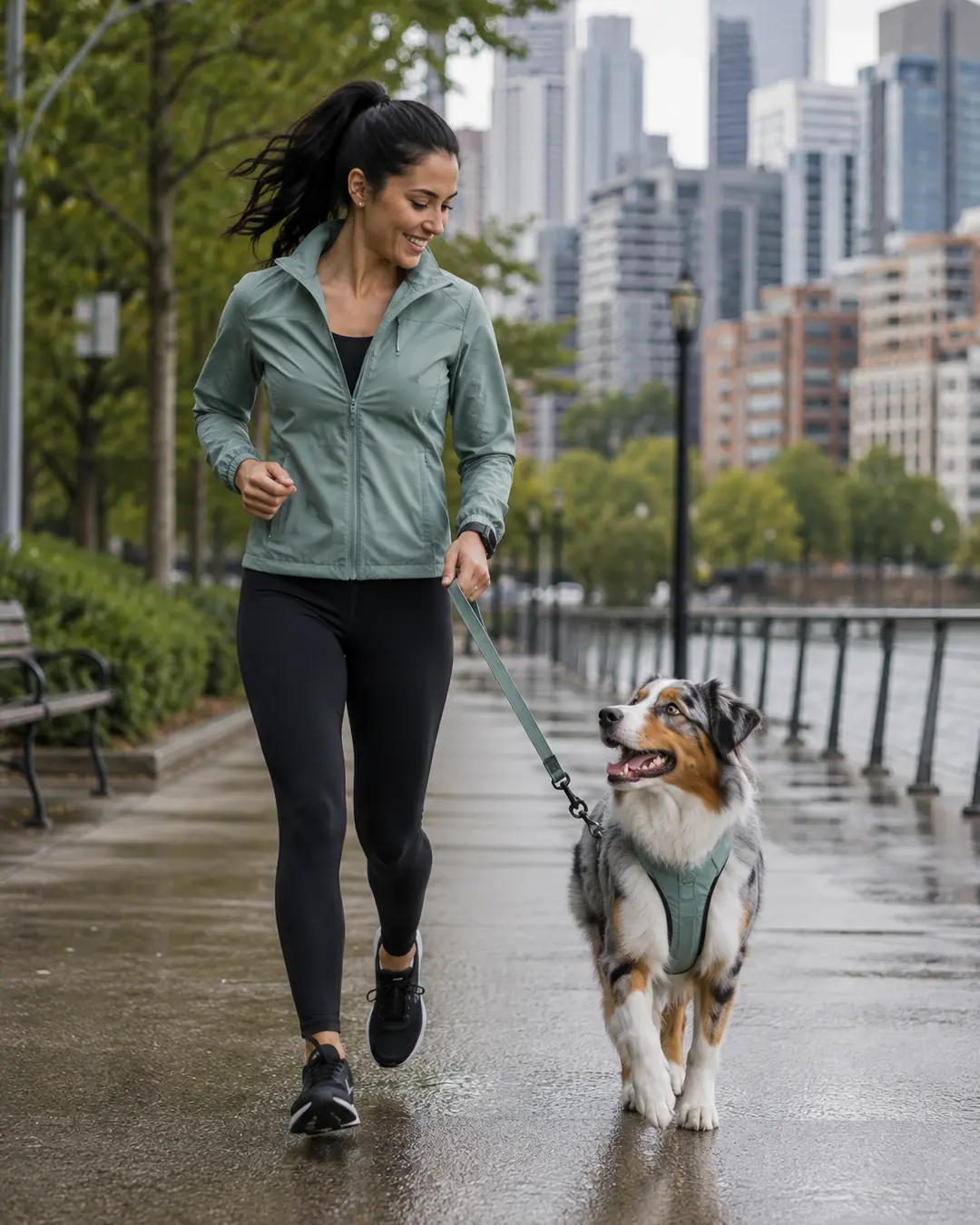 A woman in athletic wear jogs with her Australian Shepherd along a wet waterfront path, with a modern city skyline in the background.