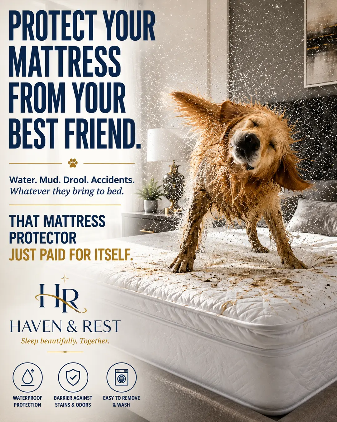 A soaking wet, muddy dog shakes water across a bed in a playful ad showing why pet owners need a waterproof mattress protector.