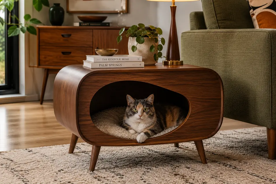 Calico cat lounging inside a curved walnut side table with a built-in pet bed in a warm mid-century modern living room.
