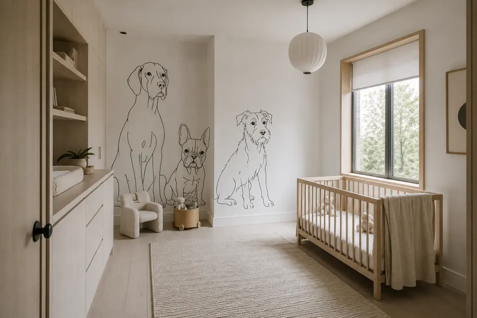 A minimalist line-art dog mural nursery where oversized hand-drawn dogs add playful personality to a serene, modern room filled with warm natural wood.