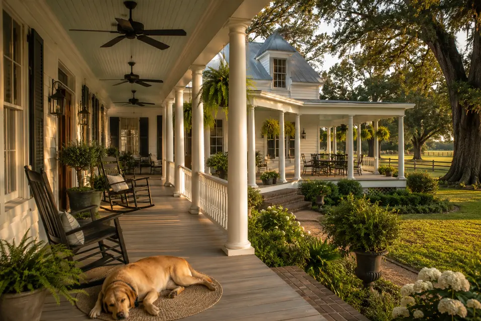 White Mississippi farmhouse with a sprawling wraparound porch, rocking chairs, ceiling fans, lush gardens, and a dog sleeping peacefully in the shade.