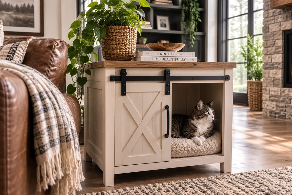 Tabby cat resting in a cozy built-in bed inside a farmhouse-style side table with a sliding barn door beside a cream sofa.
