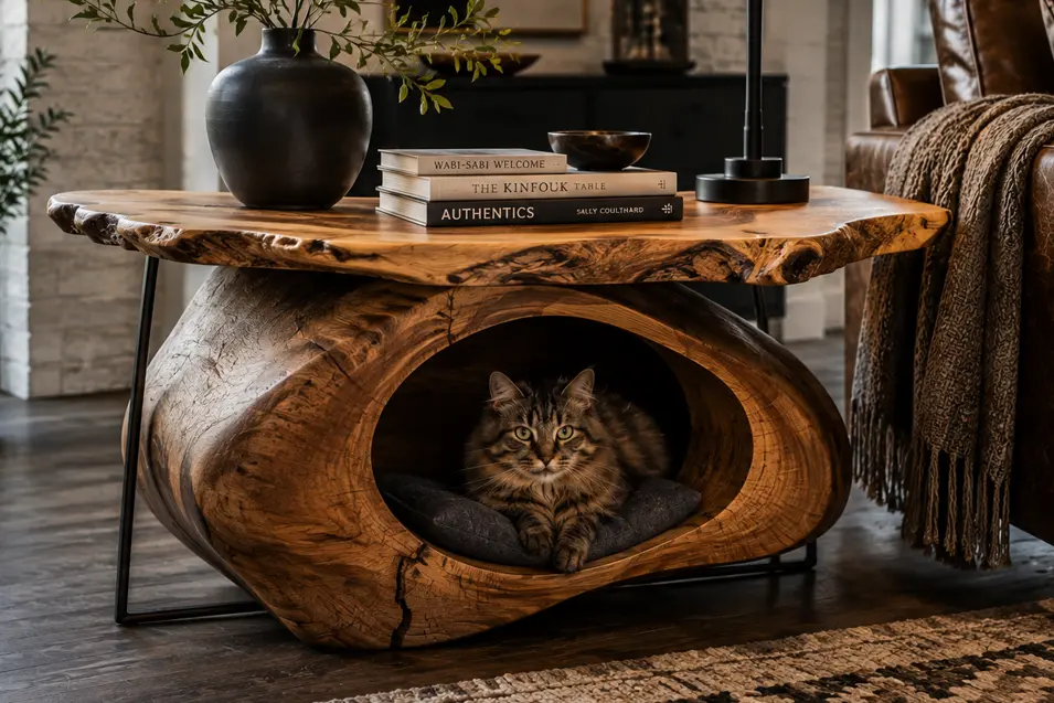 Fluffy tabby cat lounging inside a sculptural live-edge wood side table with a built-in pet bed beside a leather armchair.