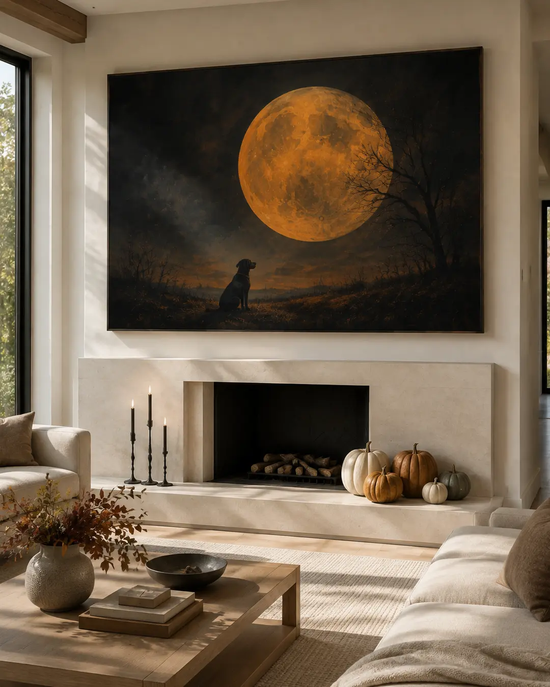 A black dog sits beneath an enormous orange moon in striking artwork above a modern limestone fireplace styled with pumpkins and candles.