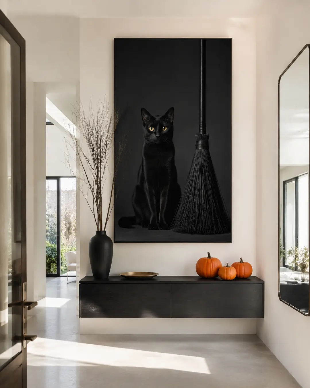 A sleek black cat and witch’s broom portrait creates a striking Halloween focal point in a bright modern foyer styled with pumpkins.