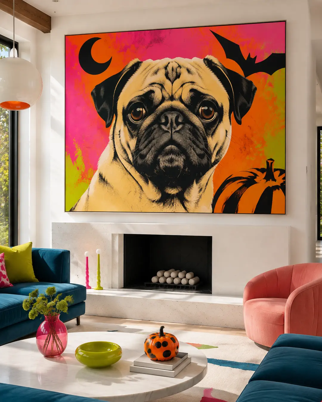 A colourful Halloween Pug portrait brings playful pop-art energy to a bright modern living room filled with bold furniture and cheerful accents.