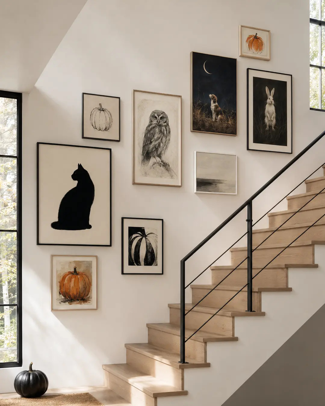A modern staircase gallery combines cat, dog, owl, rabbit and pumpkin artwork for a collected, understated Halloween display.
