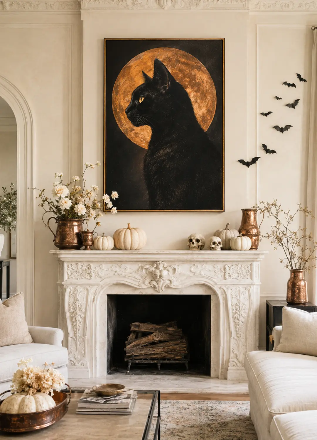 A black cat portrait beneath an orange moon crowns an ornate fireplace styled with pale pumpkins, copper vessels, flowers and bats.