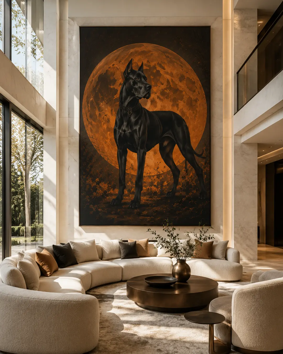 A monumental Great Dane portrait beneath an orange moon dominates a luxurious double-height living room with curved cream seating.
