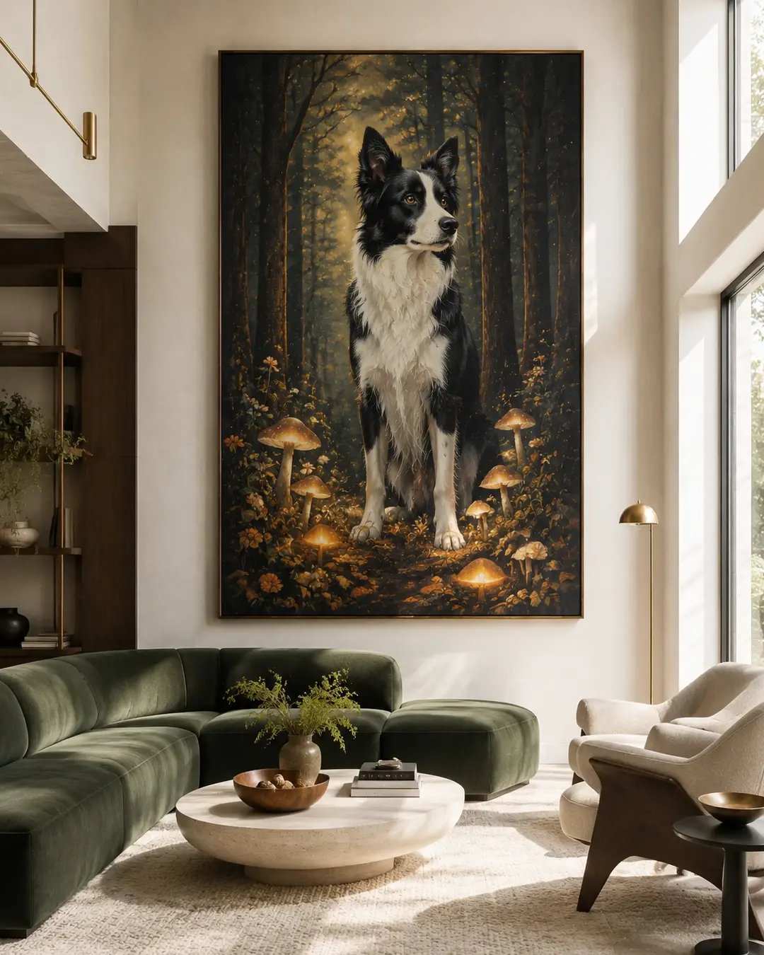A large enchanted-forest dog portrait anchors a bright modern living room with deep green seating, warm brass accents and sculptural furniture.