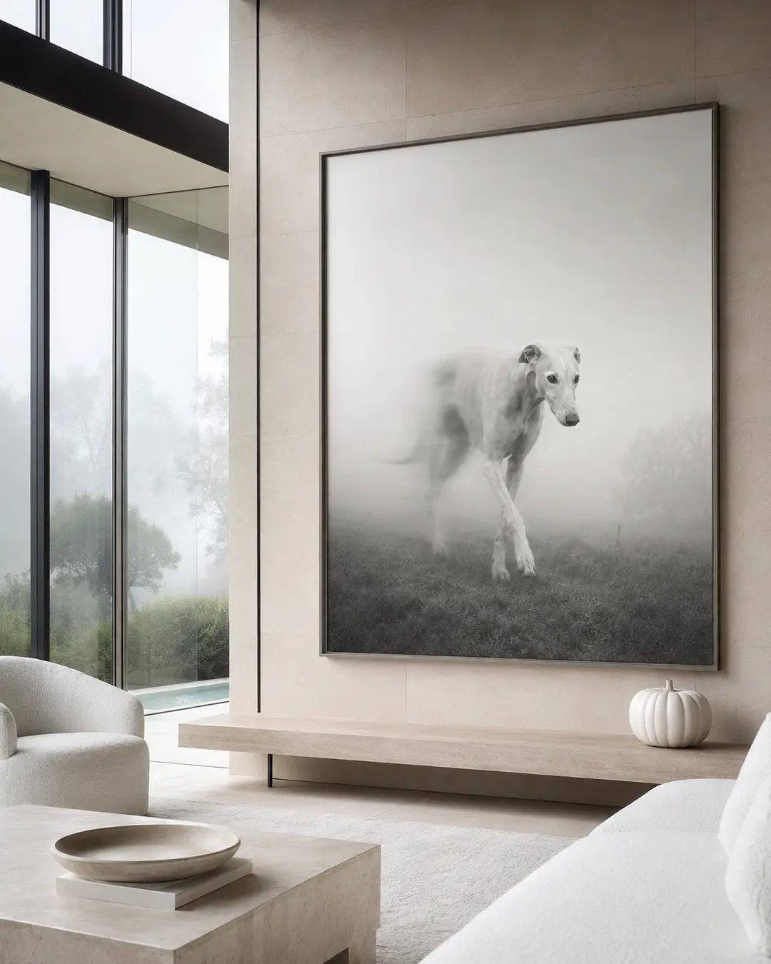 A haunting portrait of a pale Greyhound emerging from fog hangs in a serene, minimalist living room with a single white pumpkin.