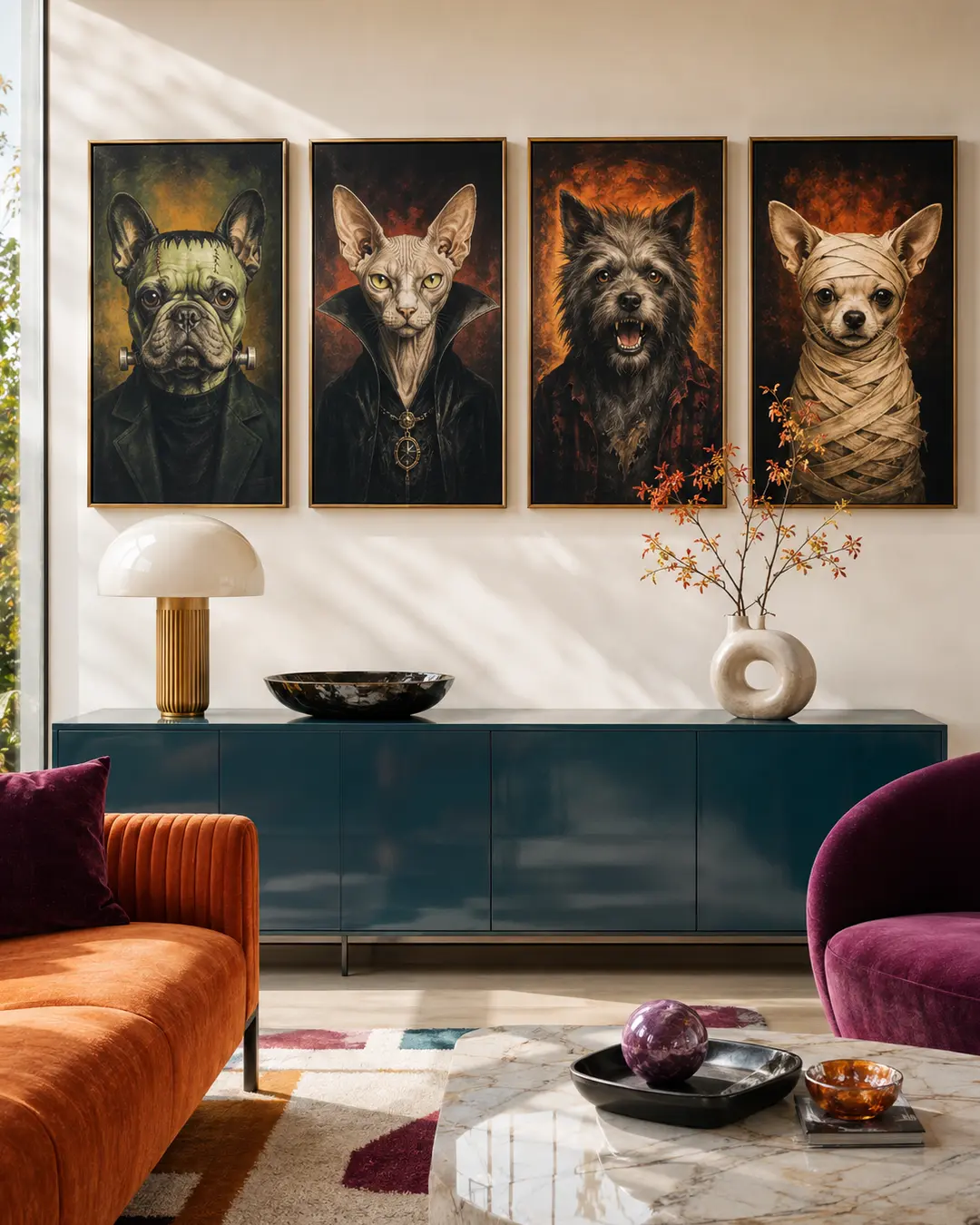 Four playful pet monster portraits hang above a teal sideboard in a colourful modern room with orange and purple velvet seating.