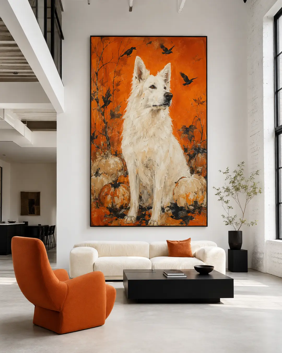 A bold orange painting of a white dog among pumpkins and ravens brings autumn drama to a bright, sophisticated loft.