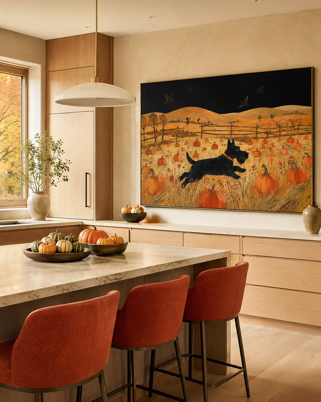 A folk-art painting of a black terrier racing through a pumpkin patch adds playful autumn colour to a warm contemporary kitchen.