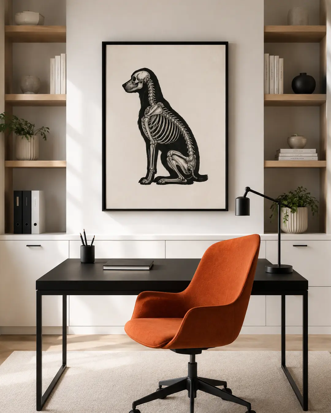 A black-and-white skeleton dog illustration adds a clever Halloween edge to a clean modern office with warm wood and a vivid orange chair.
