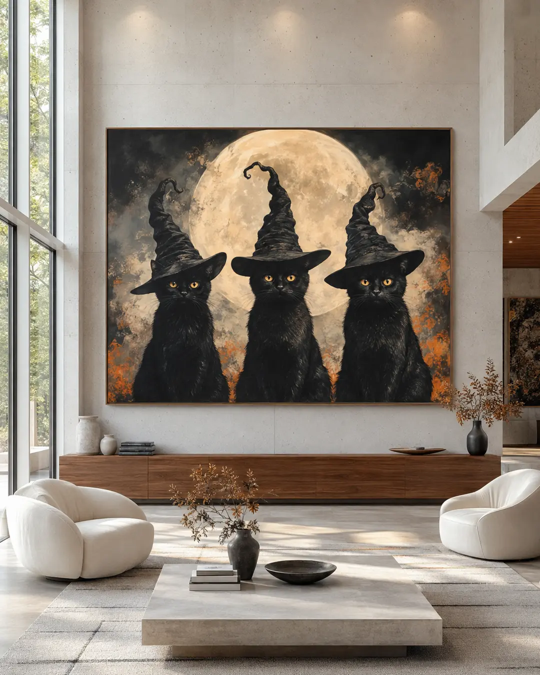 A monumental painting of three black cats in witch hats beneath a full moon dominates a sophisticated modern living room.
