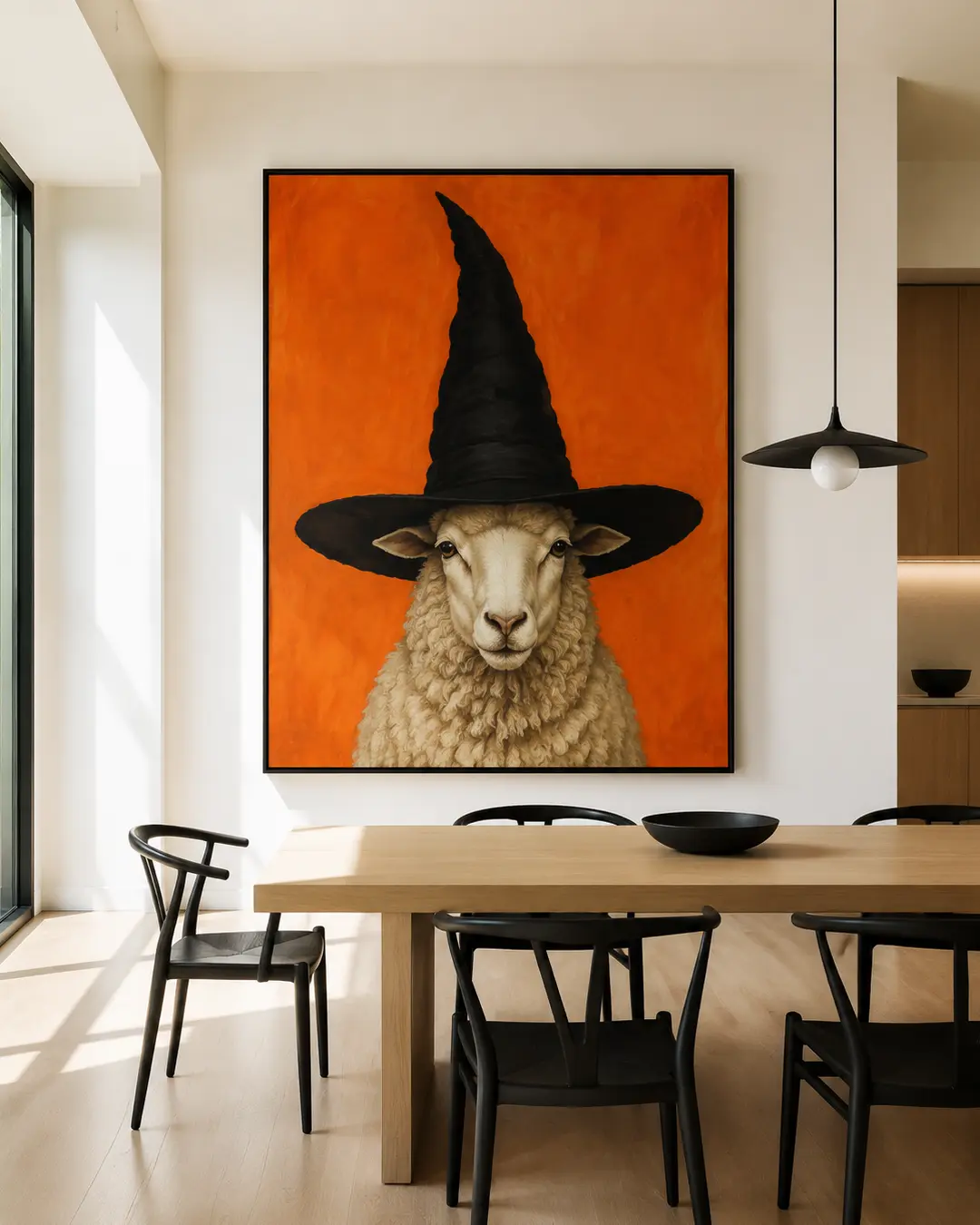 A sheep in an enormous witch’s hat commands a bold orange portrait in a bright modern dining room with blond wood and black chairs.