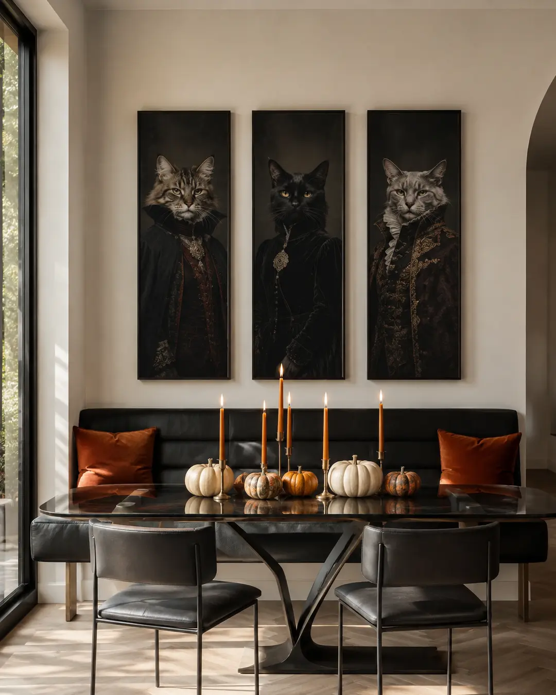 Three aristocratic cat portraits overlook a modern dining room styled with black leather, rust cushions, pumpkins and glowing candles.