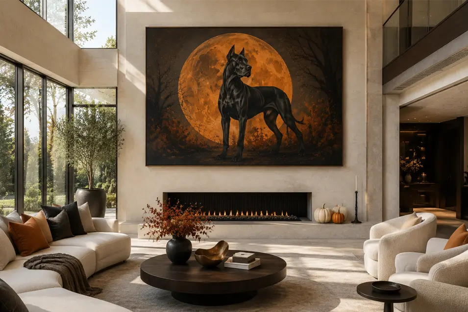 A dramatic Great Dane portrait beneath an orange moon commands a luxurious modern living room accented with firelight and autumn décor.