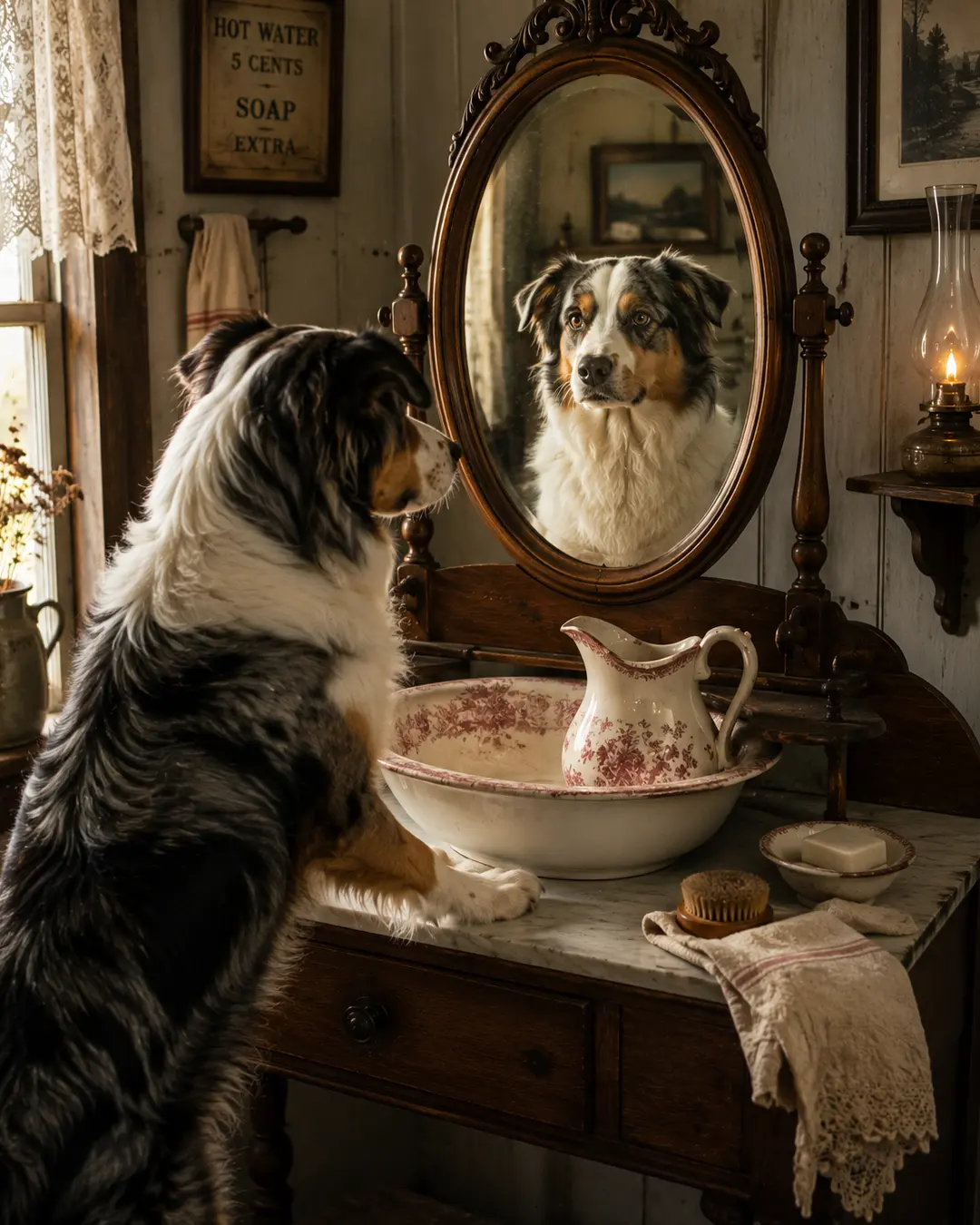An Australian shepherd admires its reflection at an antique washstand with a porcelain basin and pitcher in a charming vintage bathroom.