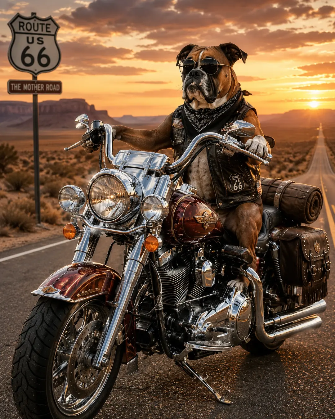 Bulldog biker in sunglasses and a leather vest sits on a chrome cruiser beside Route 66 as the desert glows beneath a dramatic sunset.